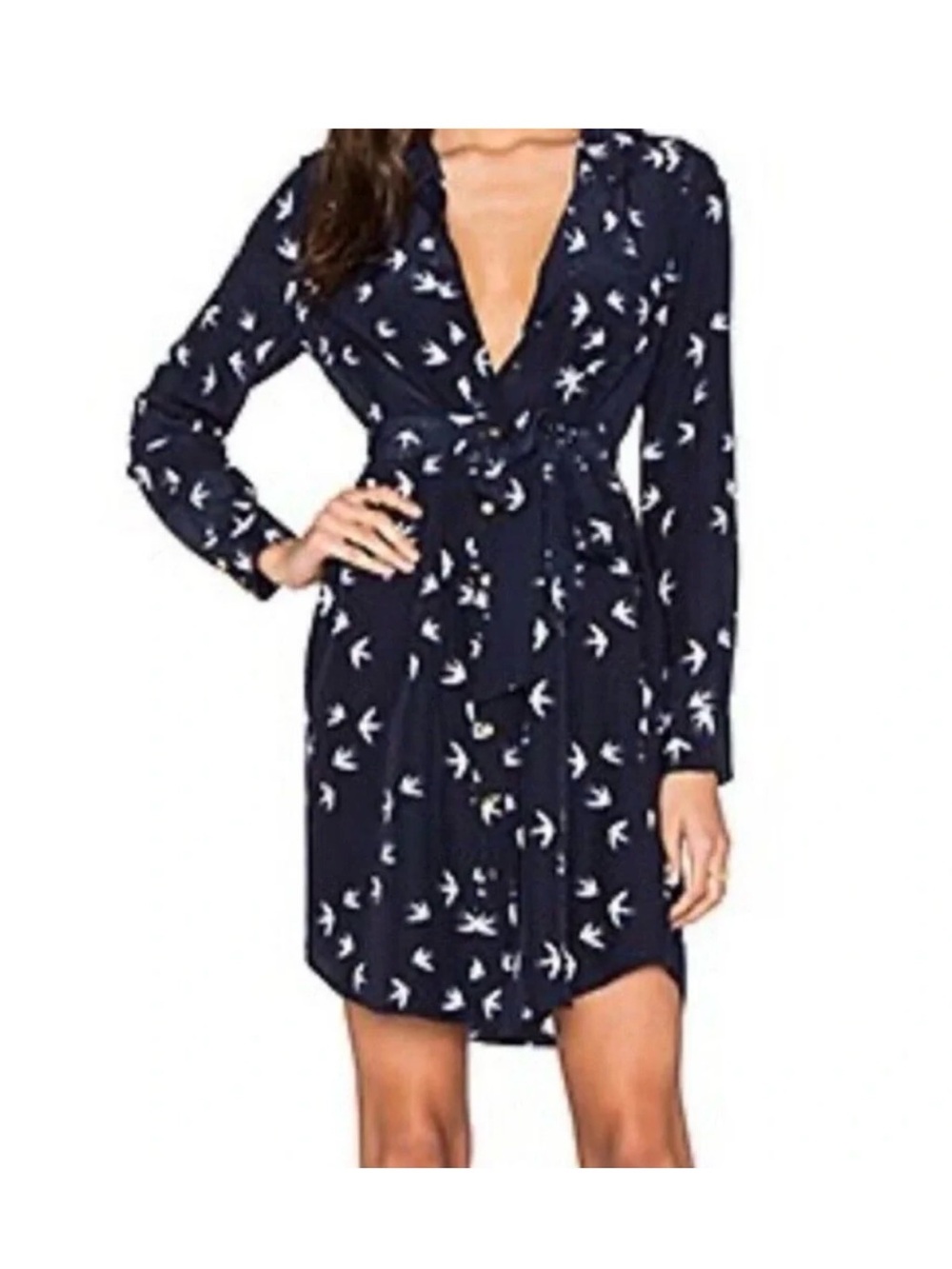 Kate Spade Long Sleeve Winter Swallow Navy Wrap Belted Shirt Dress Size Small